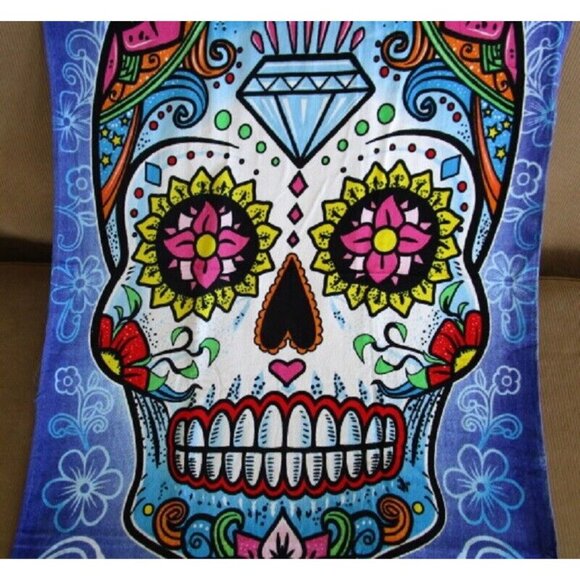 New Purple Sugar Skull Flowers Bath Beach Pool Gift Towel Skulls Day of the Dead - Picture 3 of 5